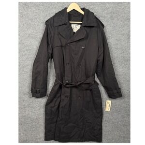 London Fog Mens Size 40L Trench Coat Black  Double Breasted Lined Belted Buckle